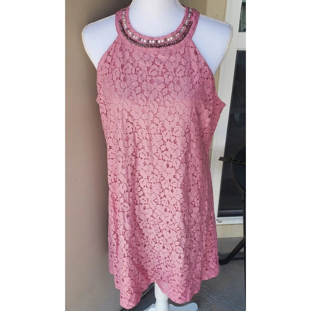 Candies Pink Floral Lace Halter Shift Mini Dress Embellished Coquette Womens XL